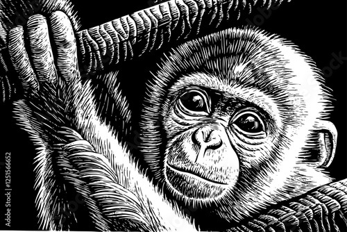 funny monkey close up black and white hand drawn sketch