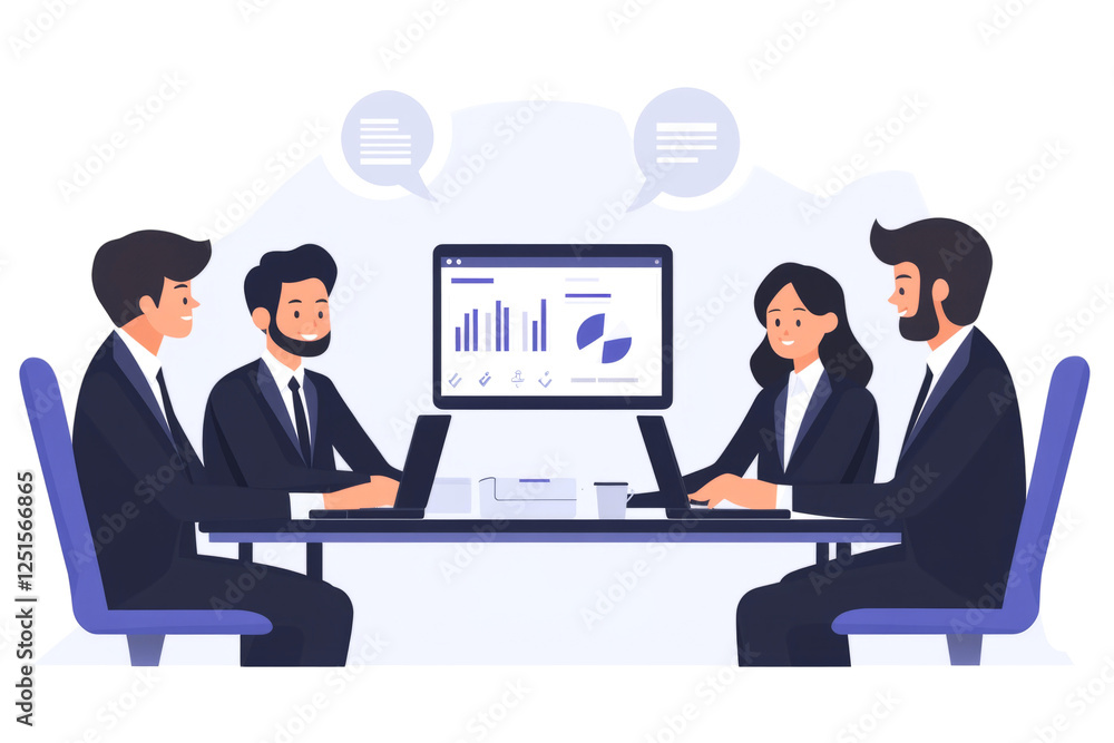 Business people working together using computer, analyzing charts and statistics, discussing during corporate meeting Business people working together using computer, analyzing charts and statistics, discussing during corporate meeting