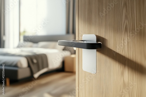 Doorknob. Metal door handle lock and latch of brass on veneer doors. Door wooden half opening through interior hotel room bedroom background, selective focus. Modern trends in interior design. Closeup