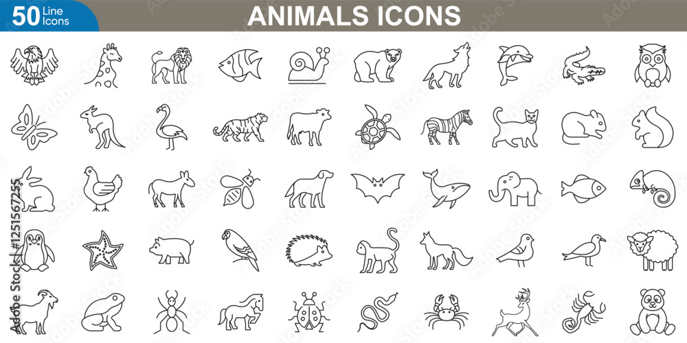 Animals icon set. High quality collection showcasing a wide range of wildlife, pets, farm creatures, marine life, birds, insects, exotic and more. Thin line simple vector illustration. Animals icon set. High quality collection showcasing a wide range of wildlife, pets, farm creatures, marine life, birds, insects, exotic and more. Thin line simple vector illustration.