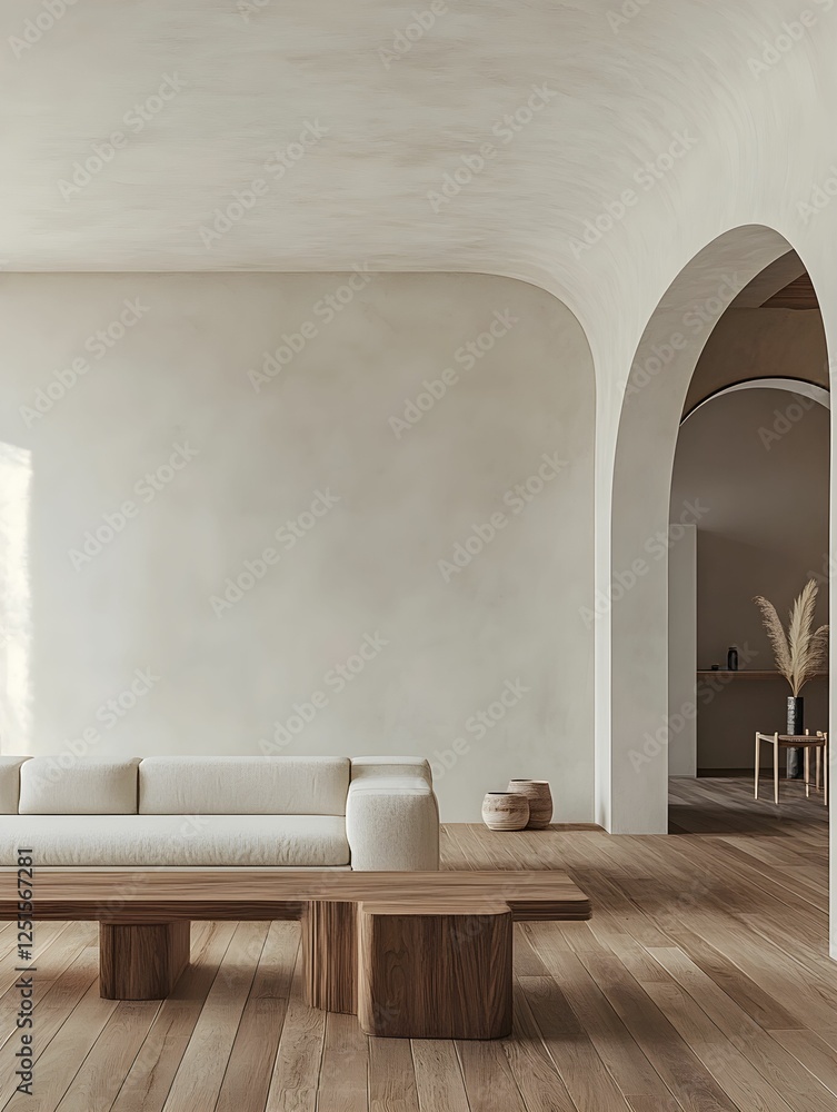 mockup, interior, modern, minimalist, living room, empty wall, neutral, wood, Scandinavian, cozy, soft light, white, simple, stylish, home, furniture, clean, luxury, design, photorealistic, real estat