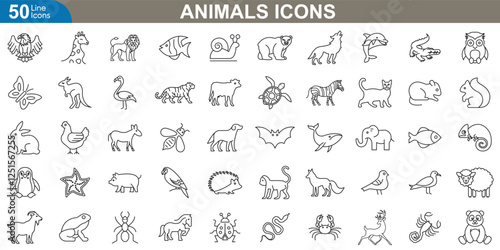 Animals icon set. High quality collection showcasing a wide range of wildlife, pets, farm creatures, marine life, birds, insects, exotic and more. Thin line simple vector illustration.