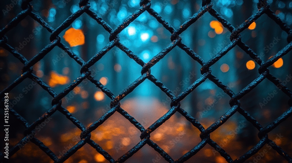 Fototapeta premium Rusty Chainlink Fence, Forest Path, Autumn Colors, Blurred Background