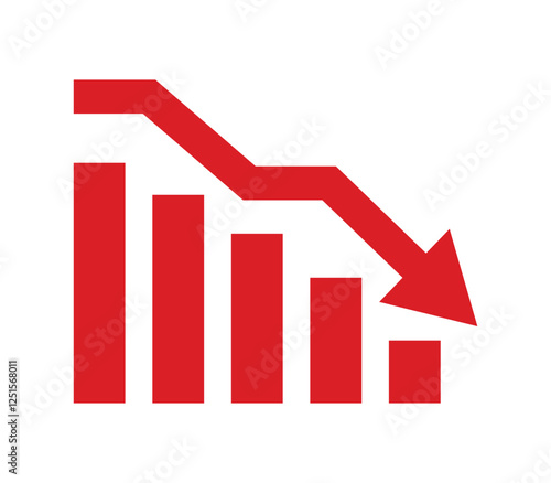 Graph decrease. Red arrow goes down sign. Crisis icon isolated. 