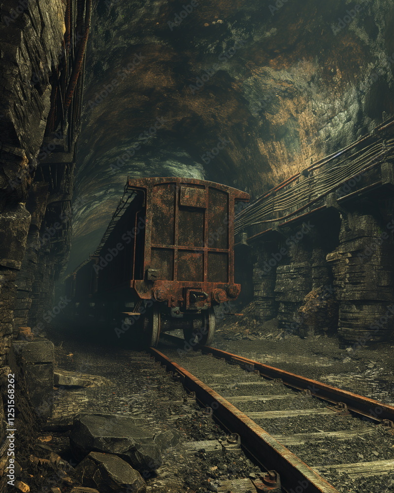 Naklejka premium A coal trolley is stuck on a bend in a mine tunnel_012