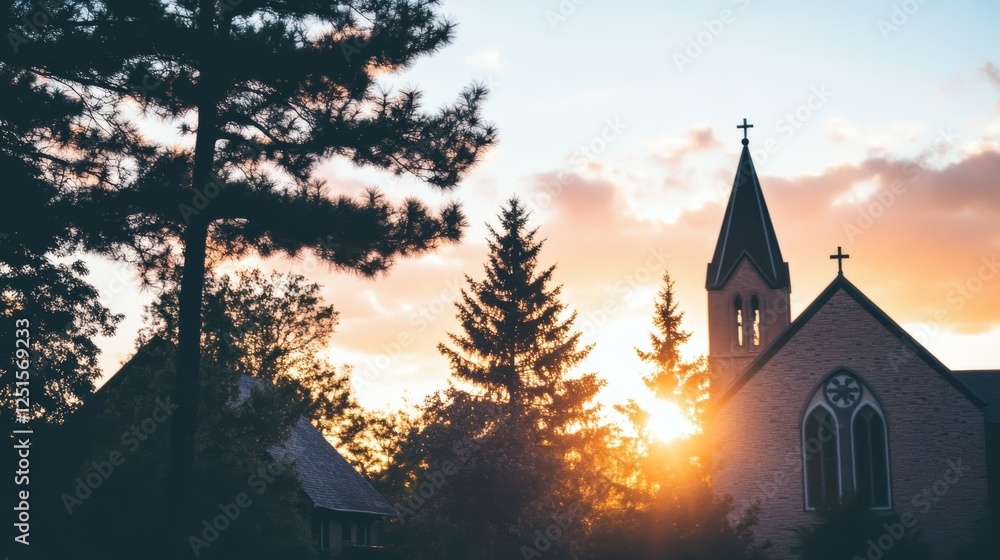 Fototapeta premium Church Silhouette at Sunset with Trees.