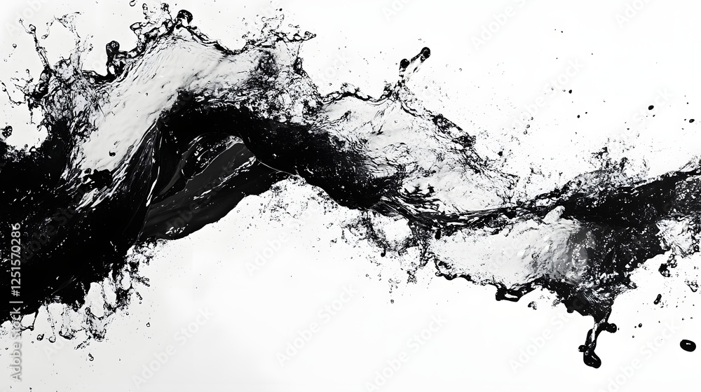 Obraz premium Dramatic liquid splash captured in striking black and white monochrome The image showcases the dynamic energetic flow and movement of the liquid creating an abstract contemporary
