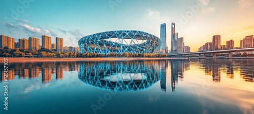 Reflected Glory Modern Chinese Architecture And Urban Skyline At Sunset With Bird s Nest Stadium. photo