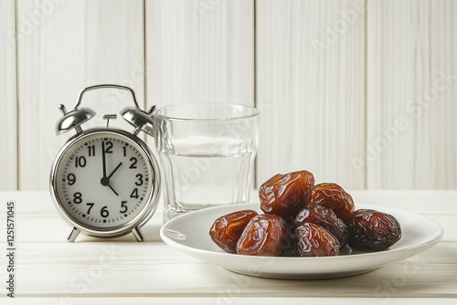 A plate of dates with a glass of water and a clock, symbolizing iftar during Ramadan. AI generated image photo