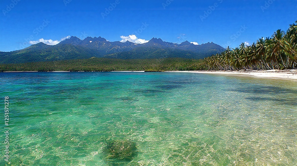 Clear Turquoise Water Beach With Palm Trees and Distant Mountain Range Under Blue Sky. Clear Turquoise Water Beach With Palm Trees and Distant Mountain Range Under Blue Sky.