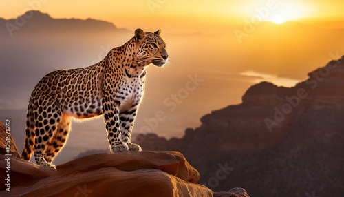 A powerful Arabian leopard standing on a rocky mountain ledge, gazing into the distance with intense golden eyes. The backdrop features the rugged landscapes of the Arabian Peninsula
