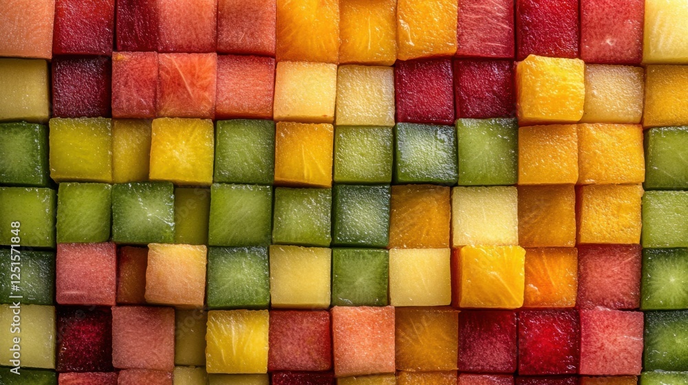 A grid-like arrangement of evenly cut fruit cubes, forming a colorful mosaic of red, yellow, and green tones A grid-like arrangement of evenly cut fruit cubes, forming a colorful mosaic of red, yellow, and green tones