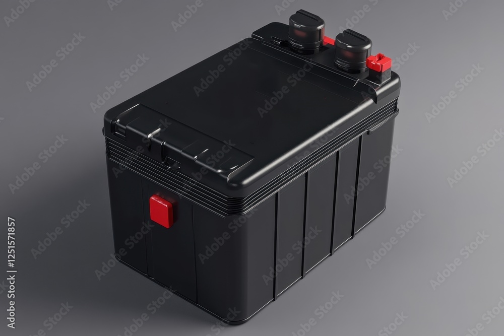 Black car battery sits on a gray background surface Black car battery sits on a gray background surface