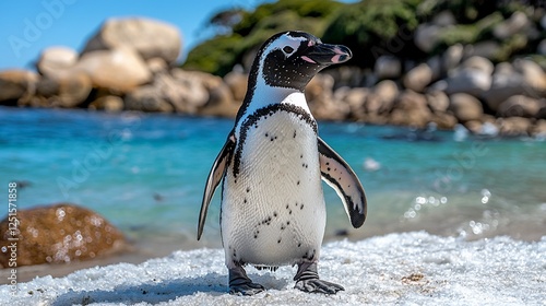 Penguin standing on a sandy beach with ocean and rocks in the background for education