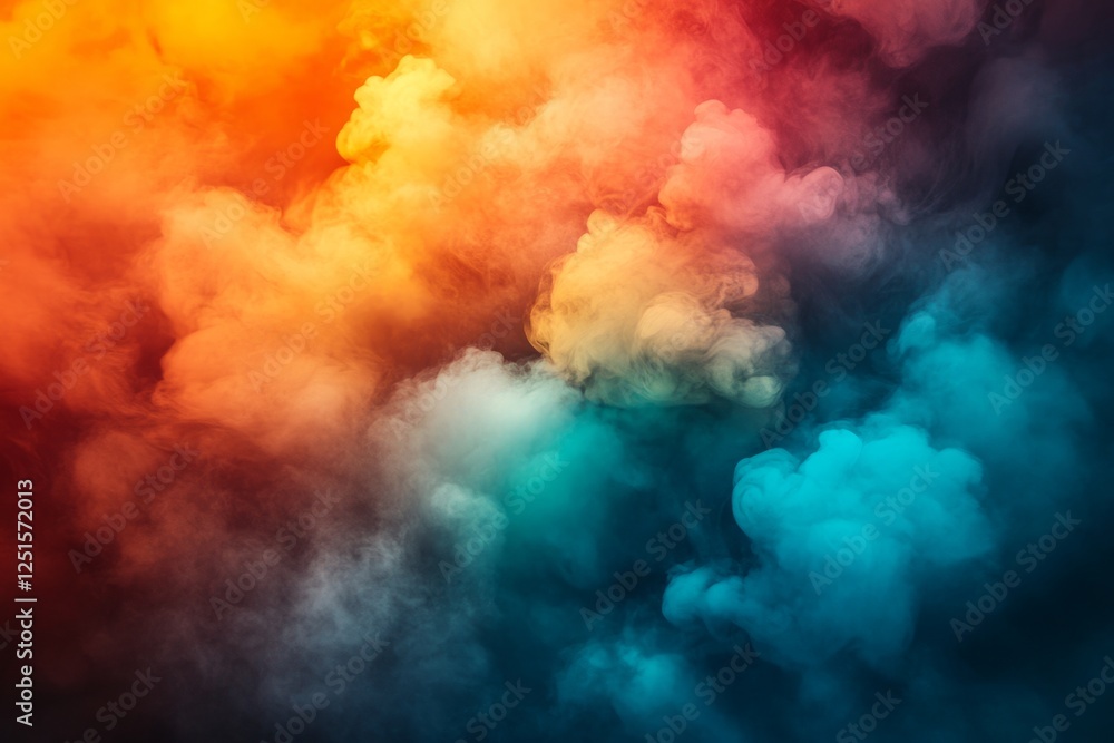 Colorful swirling smoke creating abstract shapes and textures, illuminated with vibrant orange and blue light Colorful swirling smoke creating abstract shapes and textures, illuminated with vibrant orange and blue light