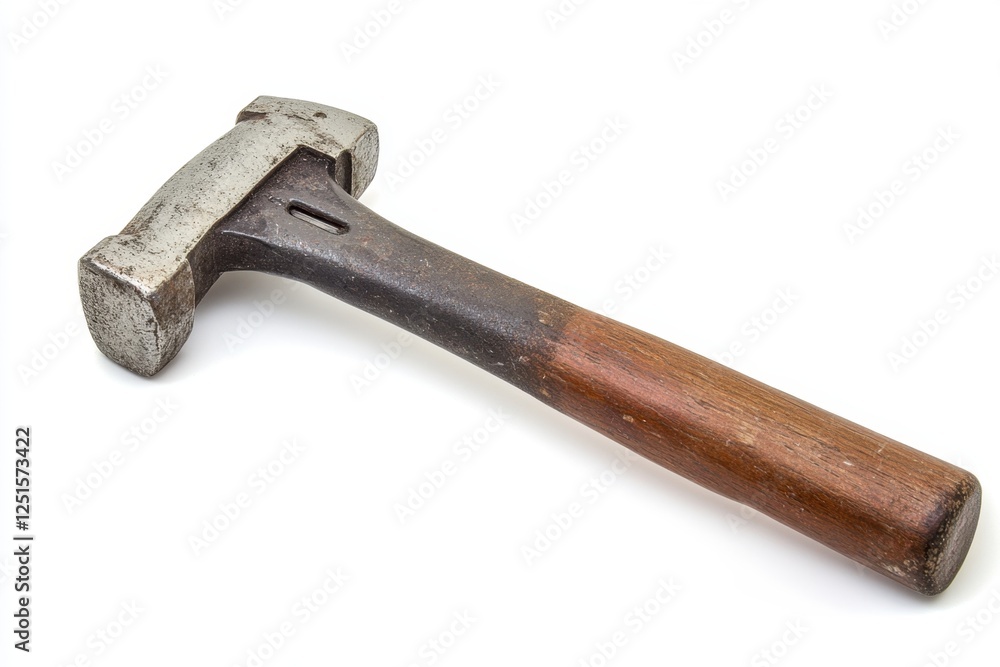 An old ball peen hammer lays diagonally on white background