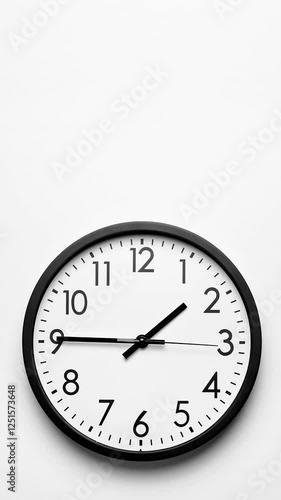 Classic wall clock. Clock face on white background with copy space. Time lapse. Time running fast. Analog clock. Wall clock show running time. Close up in 4K, UHD