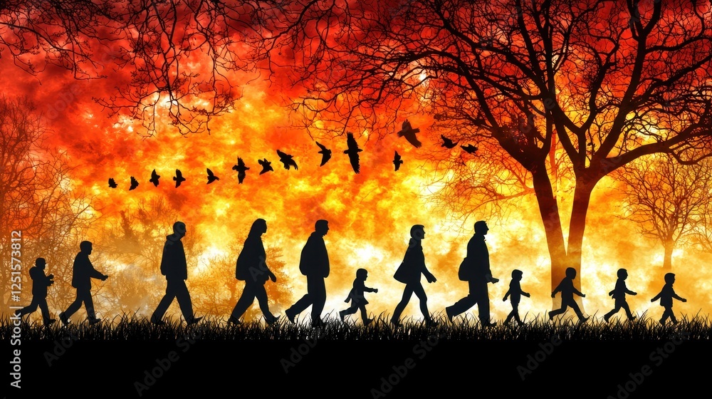 Silhouettes of people walking in autumn forest fire background. Possible stock photo use Illustration Silhouettes of people walking in autumn forest fire background. Possible stock photo use Illustration