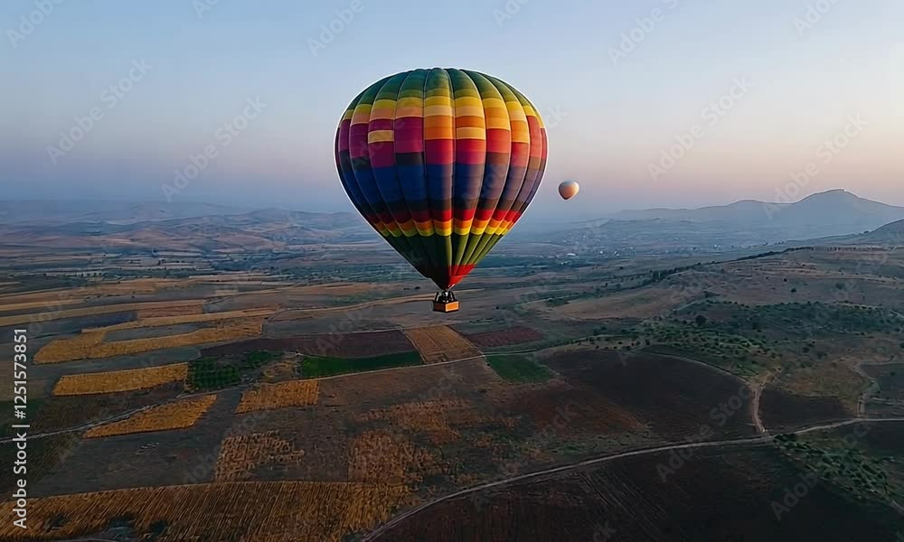 A vibrant hot air balloon soaring over colorful fields at sunset, with mountains in the background A vibrant hot air balloon soaring over colorful fields at sunset, with mountains in the background