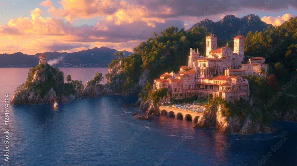 Fototapeta premium Coastal Palace at Sunset with Tower on Islet and Boat on Water.