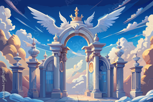 Pearly Gates with clouds and Heaven. Ornate Heavenly Gates with Marble Columns – Dreamy Celestial Entrance.