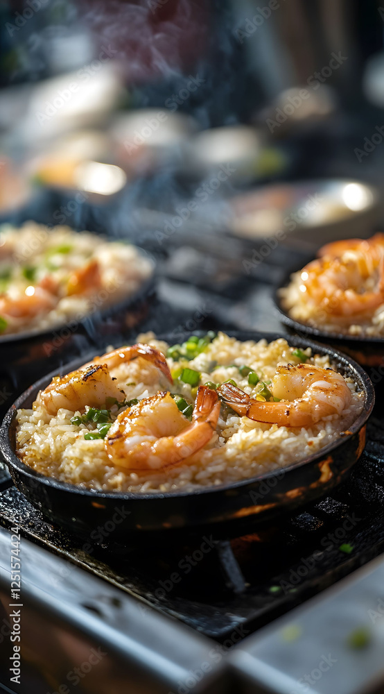 A professional photograph of shrimp and brown rice in small black skillets A professional photograph of shrimp and brown rice in small black skillets