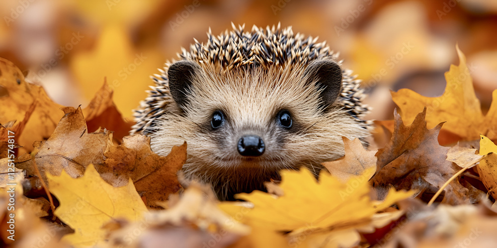 Charming hedgehog peeking out from pile of autumn leaves, showcasing its adorable features and natural habitat Charming hedgehog peeking out from pile of autumn leaves, showcasing its adorable features and natural habitat