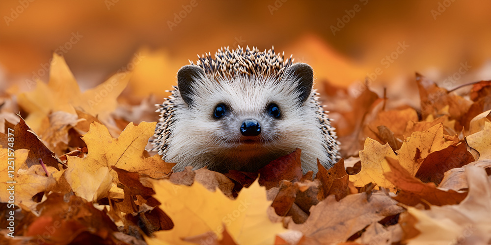 Charming hedgehog peeking out from pile of autumn leaves, showcasing nature beauty and warmth Charming hedgehog peeking out from pile of autumn leaves, showcasing nature beauty and warmth