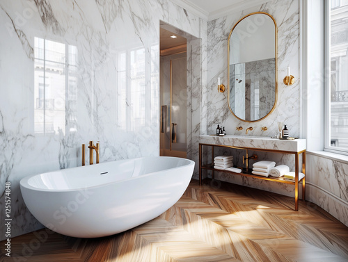 A bathroom in an apartment in Paris, France, designed in a modern classic style. The walls are adorned with light marble tiles, while the floor features dark oak herringbone parquet. 