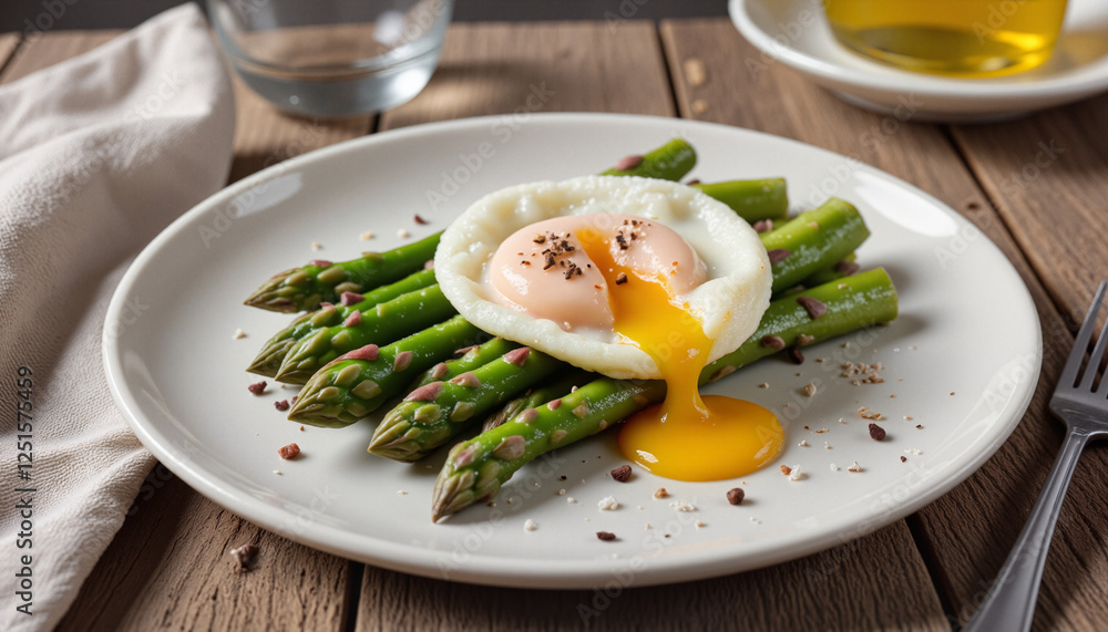 Delicious grilled asparagus topped with poached egg and runny yolk on rustic plate Delicious grilled asparagus topped with poached egg and runny yolk on rustic plate