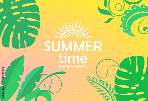 Summery yellow background with green monstera and tropical plants leaves. Summer Time concept, leave space for adding your content or text.eps