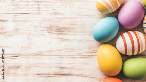 Colored Eggs on Wood Surface Festive Easter Season Decorations With Bright Patterns.