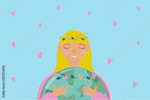 Girl hugging planet, earth day, love, hearts, hugs, nature, environmental protection