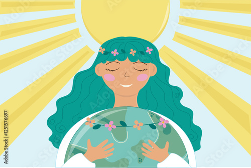 Nature, girl with planet, planet protection, nature protection, girl with green hair, sun, earth, earth day