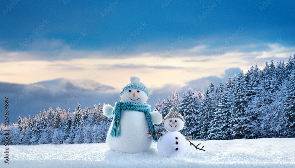 Obraz premium snowmen standing in winter christmas landscape winter background