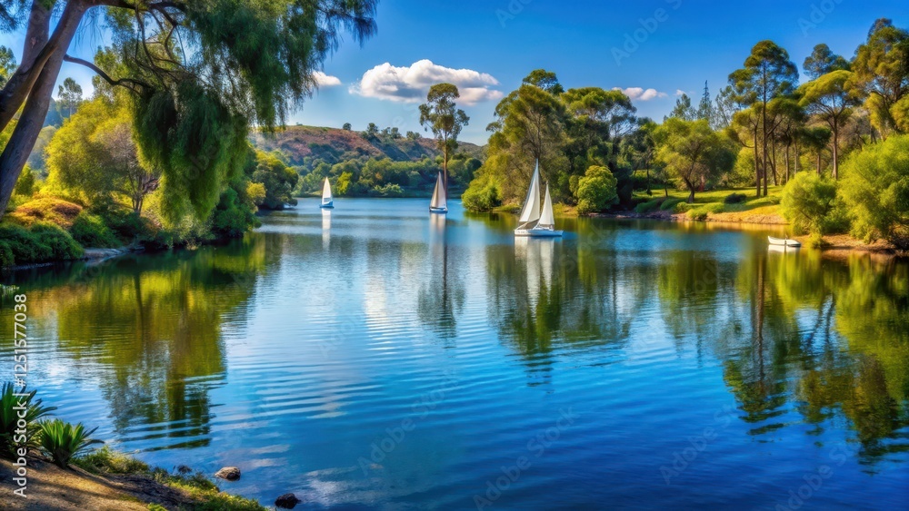 A serene lake surrounded by lush greenery and tall trees, with a few sailboats gliding across the water A serene lake surrounded by lush greenery and tall trees, with a few sailboats gliding across the water