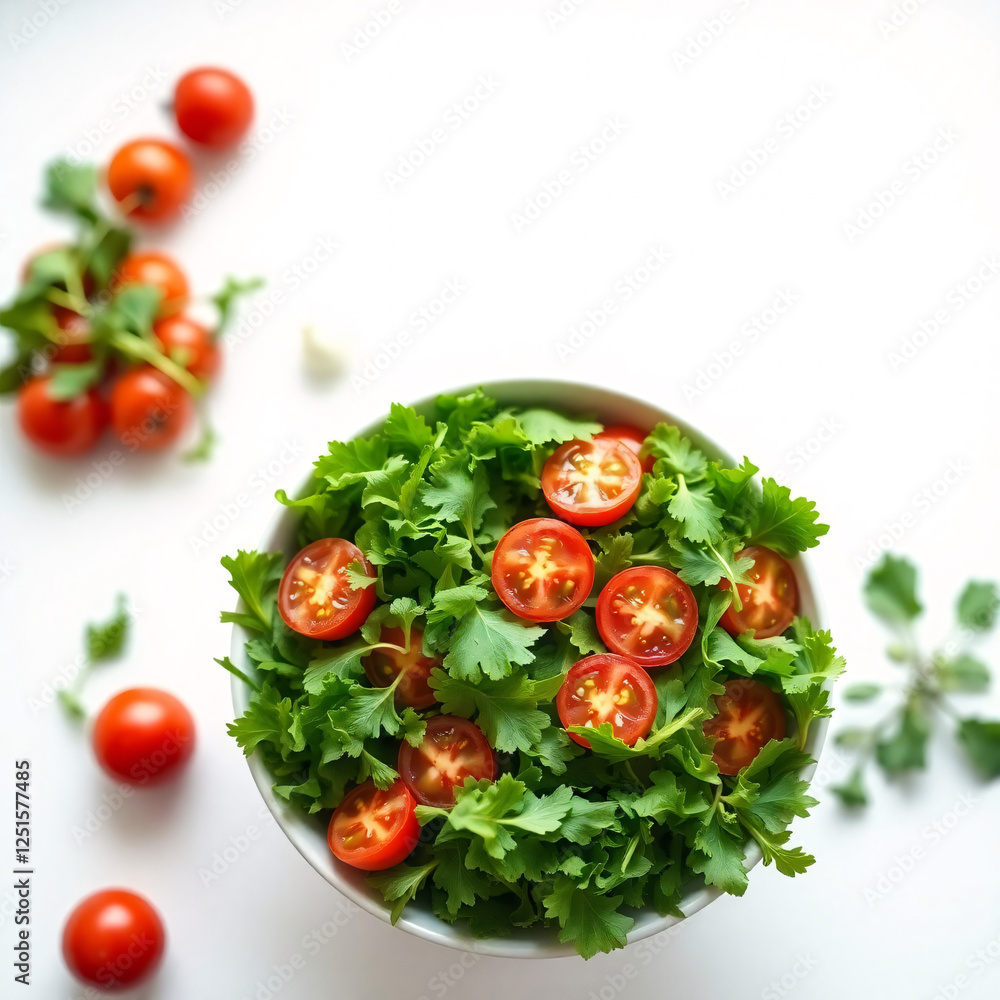 Fresh Green Salad with Cherry Tomatoes on White Background Fresh Green Salad with Cherry Tomatoes on White Background