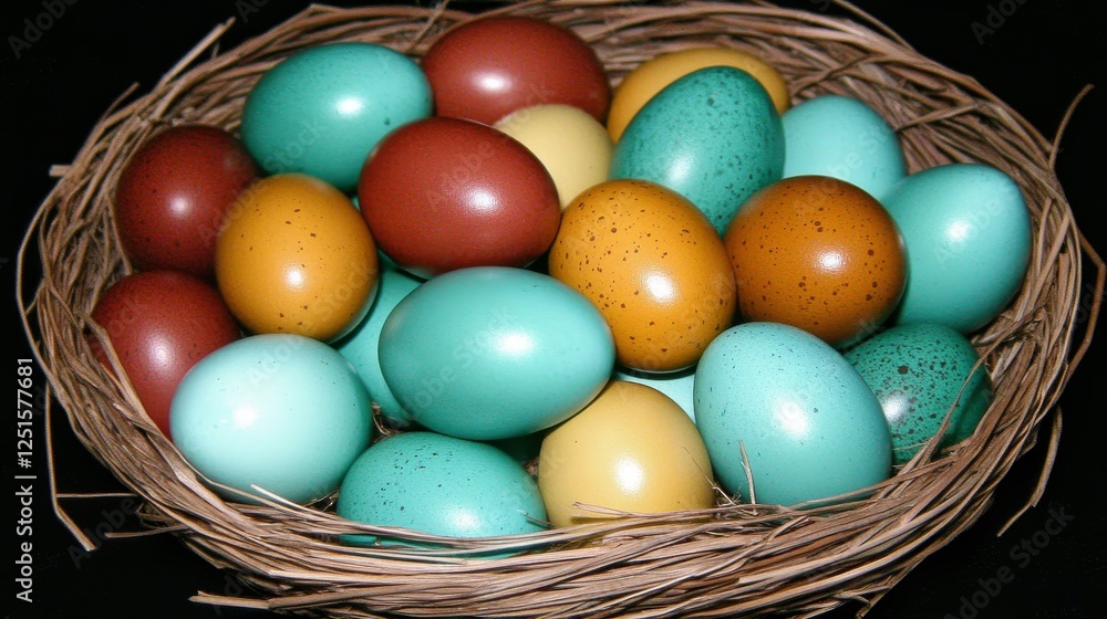 Colorful Bird Eggs in a Woven Nest Displaying Vibrant Hues of Blue Brown and Yellow. Colorful Bird Eggs in a Woven Nest Displaying Vibrant Hues of Blue Brown and Yellow.