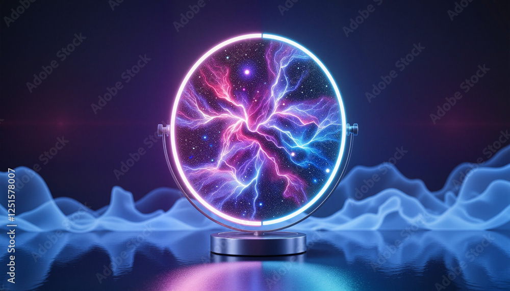 Futuristic cosmic globe reflecting dynamic energy patterns in a surreal environment Futuristic cosmic globe reflecting dynamic energy patterns in a surreal environment