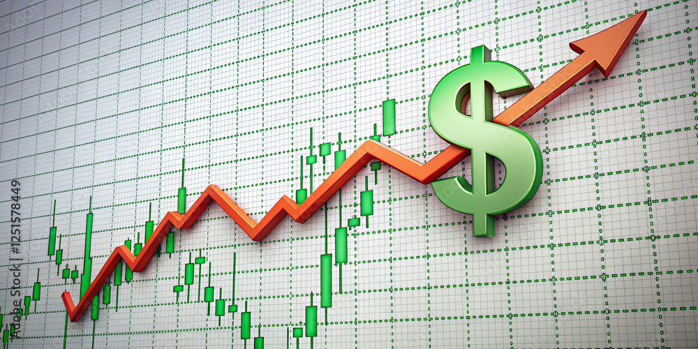 Dollar bills and stock market indicators. Economy graph Dollar bills and stock market indicators. Economy graph