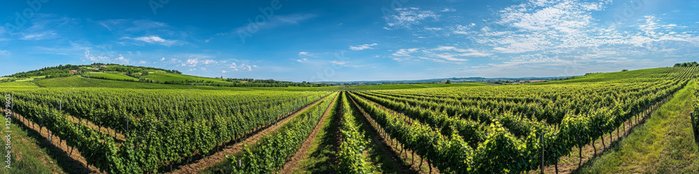 Sunny Vineyard with Green Rows Under a Bright Sky Sunny Vineyard with Green Rows Under a Bright Sky