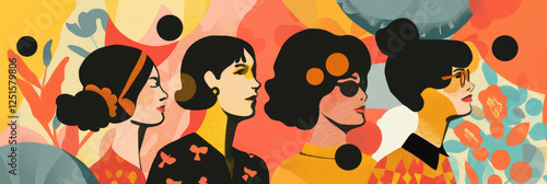 Flat 60's style illustration about women's right to vote, with a group of different women together, with geometric elements in a minimalist style