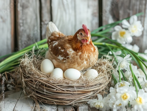 Hen with eggs in nest amidst spring blossoms. photo