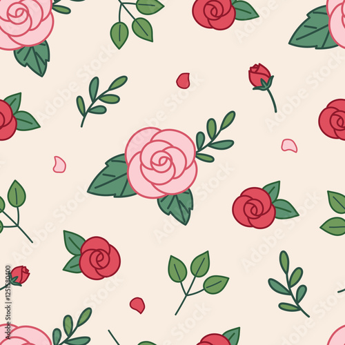 rose and leaves hand drawn seamless pattern