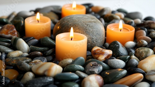 A Circle of Small Pillar Candles Surrounded by Smooth Pebbles and Decorative Stones photo