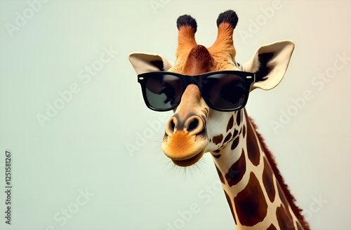 Portrait of giraffe with sunglasses on light background. Copy space. photo