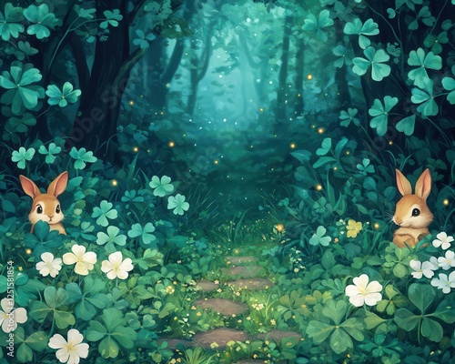 A magical forest scene with friendly animals, glowing fourleaf clovers, and tiny leprechaun houses, perfect as an accent wall mural