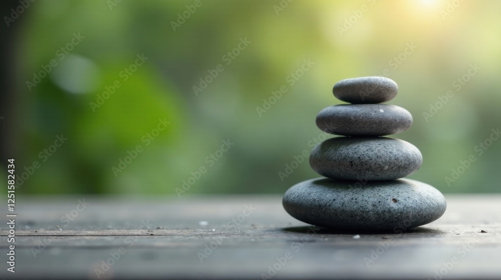 Serene Stack of Smooth Grey Stones on Rustic Wooden Surface with a Soft Focus Green Background Serene Stack of Smooth Grey Stones on Rustic Wooden Surface with a Soft Focus Green Background