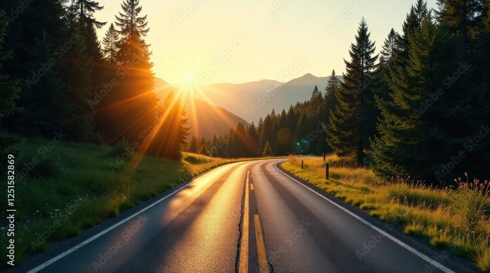 Serene Sunset Drive Through Evergreen Forest on Winding Asphalt Road Serene Sunset Drive Through Evergreen Forest on Winding Asphalt Road