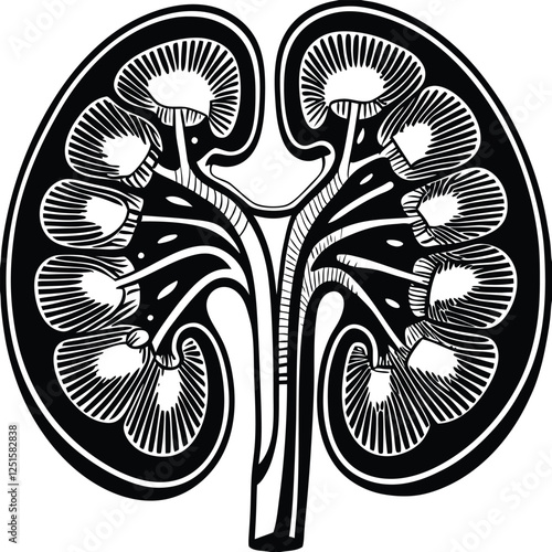 Kidney silhouette vector art in black on a white background. Minimalist medical illustration for healthcare, anatomy, and nephrology designs